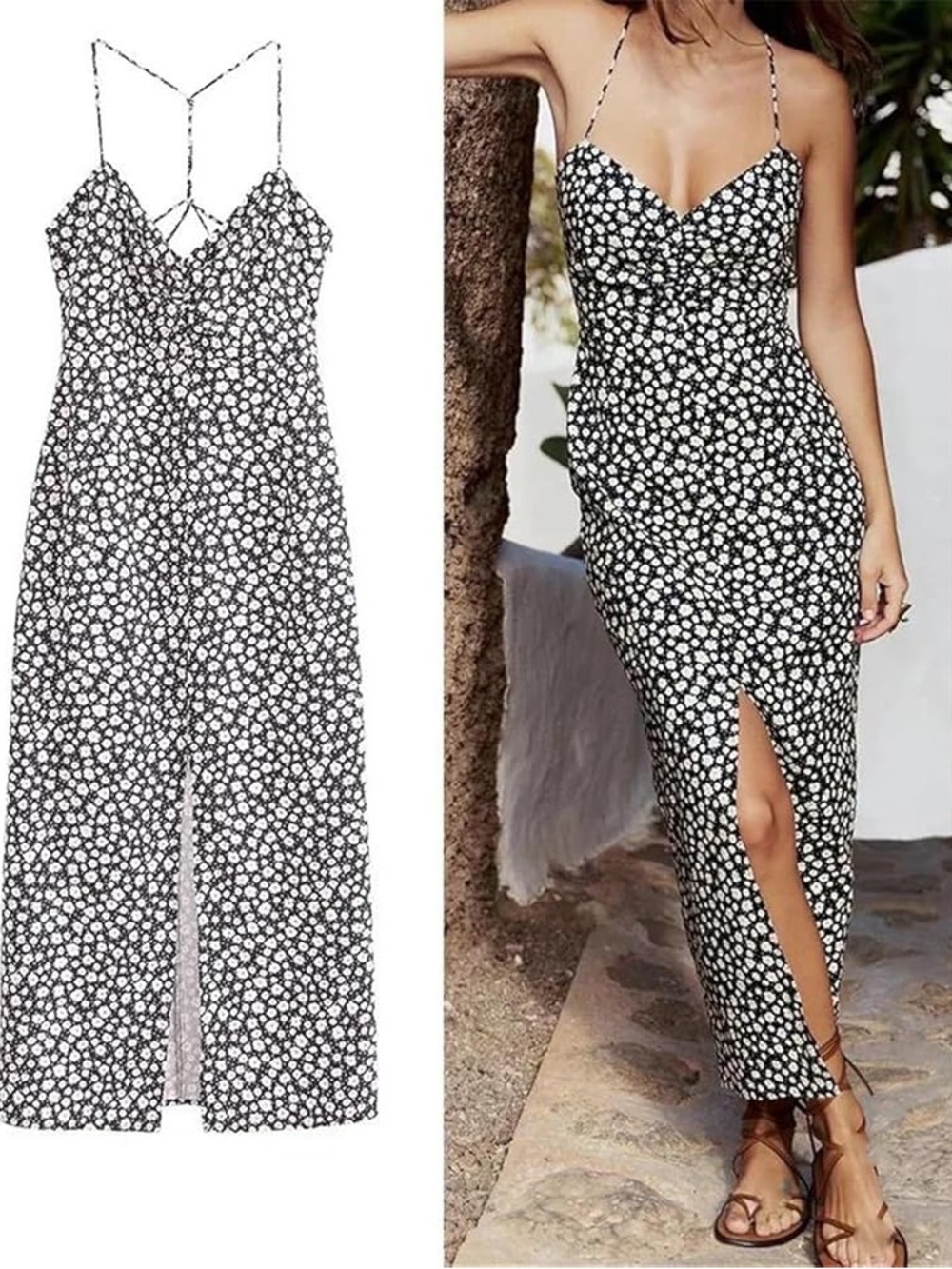 ZARA linen black and white floral summer dress small